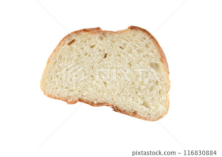 Top view of a slice of wheat loaf on a white background. 116830884