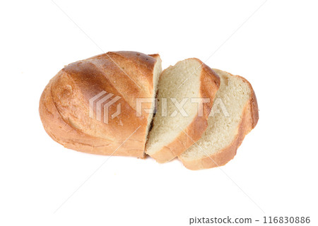 Sliced wheat loaf on a white background. 116830886