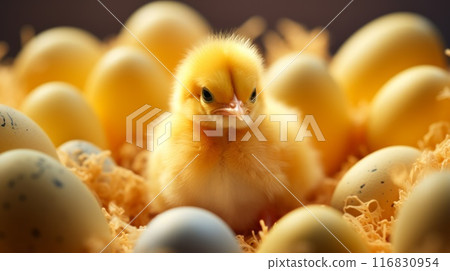 Close up of small cute newborn chick, just hatched in incubator. Neural network ai generated art 116830954