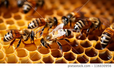 Close up view of the working bees on honeycells. Neural network ai generated art Close up view of the working bees on honeycells. Neural network ai generated art 116830956