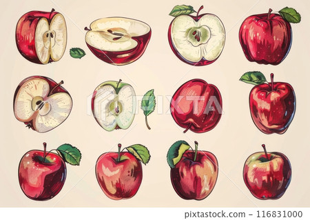 Hand drawn red apples illustration set isolated on light background. Generative AI 116831000