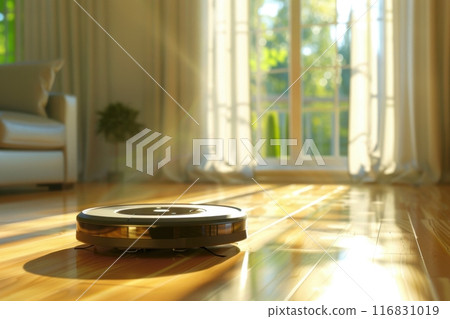 Robotic vacuum cleaner cleaning hardwood floor in sunny living room. Generative AI 116831019