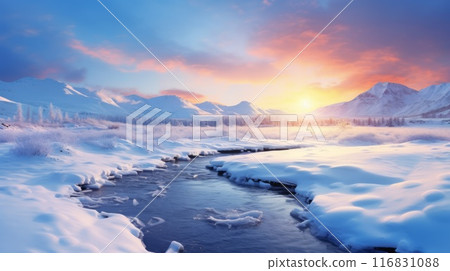 Amazing sunrise in the mountains. Sunset winter landscape with snow covered pine trees in violet and pink colors. Neural network ai generated art 116831088