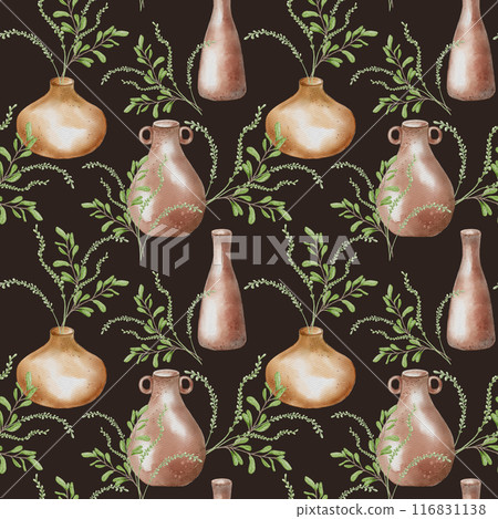 Vases handcrafted with floral arrangement in watercolor isolated. Pottery with greenery plants hand drawn seamless pattern. Handmade clay jug with leaves and stems. For textile on ceramics themes Vases handcrafted with floral arrangement in watercolor isolated. Pottery with greenery plants hand drawn seamless pattern. Handmade clay jug with leaves and stems. For textile on ceramics themes 116831138