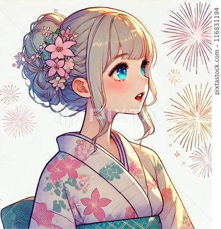 A girl in a yukata and fireworks 116831194