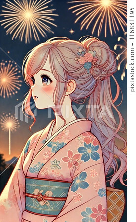 A girl in a yukata and fireworks A girl in a yukata and fireworks 116831195