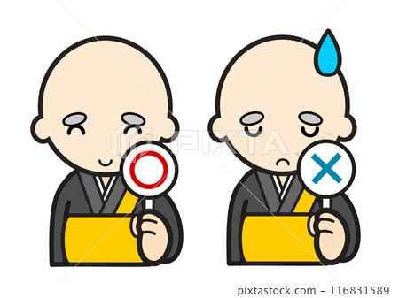A monk holding a check mark and a cross mark card A monk holding a check mark and a cross mark card 116831589