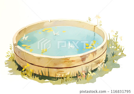 Charming illustration of a wooden water basin with delicate white birds on the surface 116831795