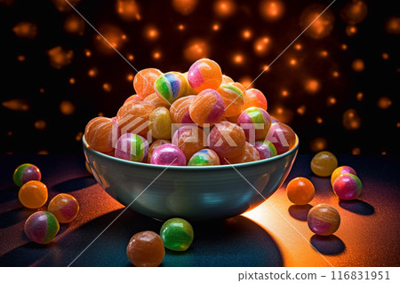 Festive round caramel candies in a plate.  116831951