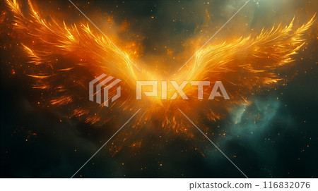 Fiery Phoenix Wings Spread Against a Starry Sky. Generative AI 116832076
