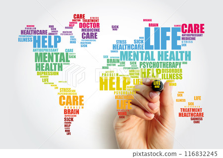 Mental health word cloud in shape of world map with marker, social concept background Mental health word cloud in shape of world map with marker, social concept background 116832245