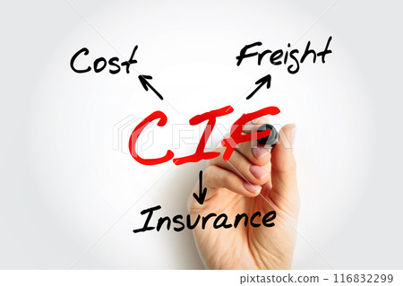 CIF Cost Insurance Freight - seller delivers their part of the contract when the goods pass the ship's rail in the port of shipment, acronym text concept background 116832299