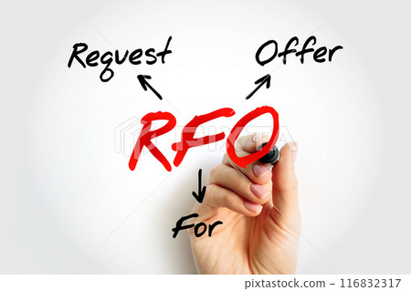 RFO Request For Offer - open and competitive purchasing process whereby an organization requests the submission of offers in response to specifications, acronym text concept background RFO Request For Offer - open and competitive purchasing process whereby an organization requests the submission of offers in response to specifications, acronym text concept background 116832317