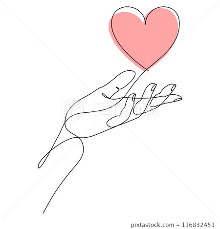 One continuous line drawing of hand holding heart. Support concept. Charity vector illustration with editable stroke. 116832451