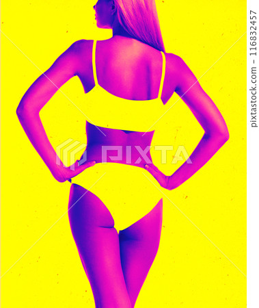 Contemporary art collage. Slim woman with neon-purple toned body posing in swimsuit which blends with yellow background. Pop art style. Pop art style. 116832457