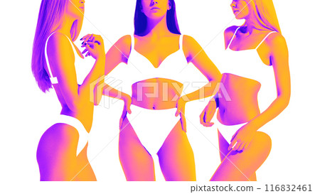 Contemporary art collage. Women in swimsuits pose confidently, their vibrant orange and purple body blending with white background. Pop art style. 116832461