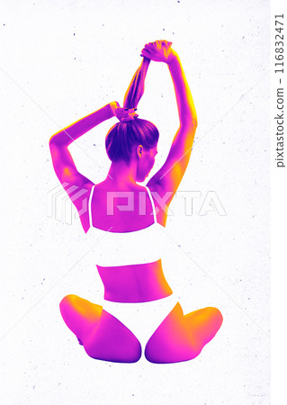 Contemporary art collage. Neon-toned young woman in bikini intertwined with background, in lotus pose. 116832471