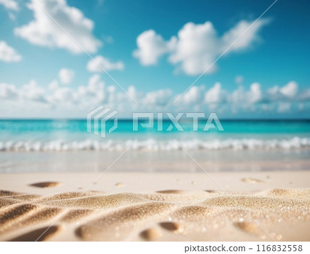Art beach scene with gentle waves, sandy shoreline. Bright colors create peaceful atmosphere. Generated AI. Sunny beach holidays travel concept. Copy space. Sunny tropic paradise. Plage background 116832558