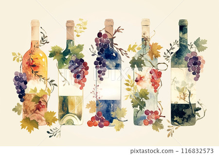 Explore this beautiful watercolor art featuring wine bottles adorned with grapes and leaves 116832573