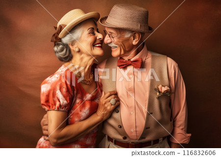 Charming elderly couple sharing a joyful moment against an orange backdrop 116832606
