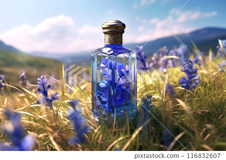 Exquisite blue glass bottle with flax oil. A transparent beautiful flacon with a shiny lid 116832607