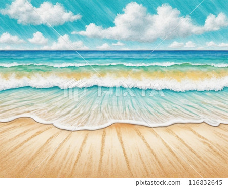 Art beach scene with gentle waves, sandy shoreline. Bright colors create peaceful atmosphere. Generated AI. Sunny beach holidays travel concept. Copy space. Sunny tropic paradise. Plage background 116832645