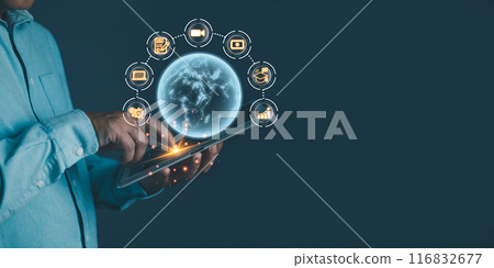 Man touch icon ai and use tablet, Marketers education, research, analyze media video streaming content creation and online marketing strategies to grow their digital business. Man touch icon ai and use tablet, Marketers education, research, analyze media video streaming content creation and online marketing strategies to grow their digital business. 116832677