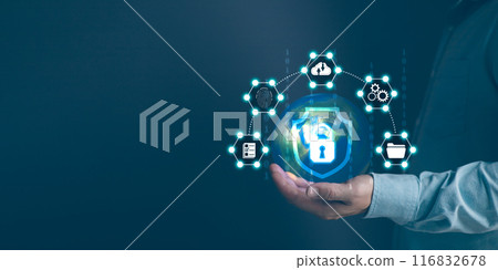 Businessmen protect personal data information from viruses on hand with virtual screen interfaces. Cyber security and privacy protection network security computer and safe data concept. 116832678