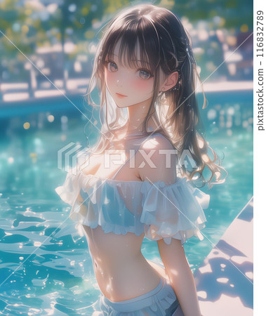 Portrait of a young Japanese woman in a swimsuit by the pool 116832789