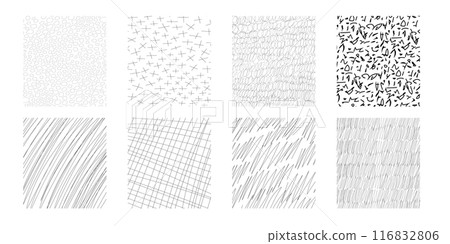 Textures set, collection hand drawn abstract monochrome brush marks. Doodle shapes spots, drops, curves and lines. Contemporary modern trendy 116832806