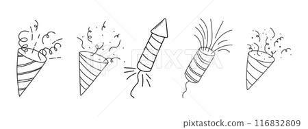 Fireworks and rocket, salute with burst, light and festive explosions in doodle style. Hand drawn sparks, firecracker on white background. Party, celebrations, event. 116832809