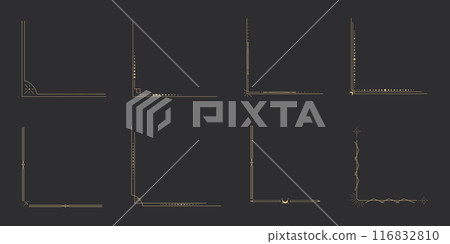Celestial corner esoteric divider, gold border. Mystical line frame with moon and star. Golden mystic decoration, sparkle stars, sun.  116832810
