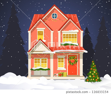 Decorated Christmas colorful house in winter town 116833154