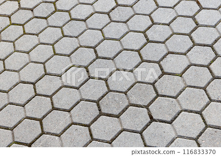 Gray concrete tiling background, hexagonal paving slabs 116833370