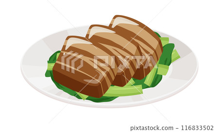 Illustration of braised pork served on a plate_Bright 116833502