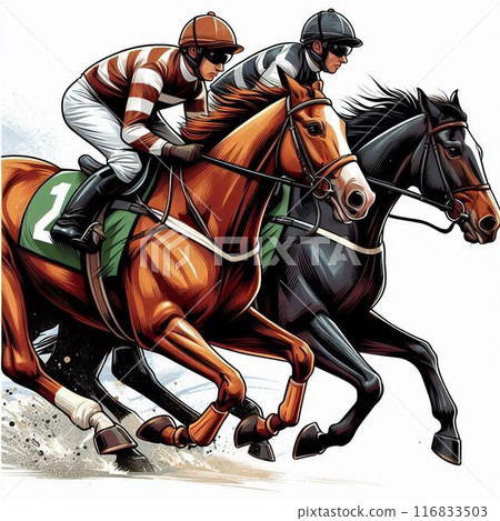 Two jockeys and horses racing against each other in a horse race 116833503