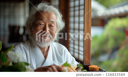 An old man eating a delivered lunch 116833584