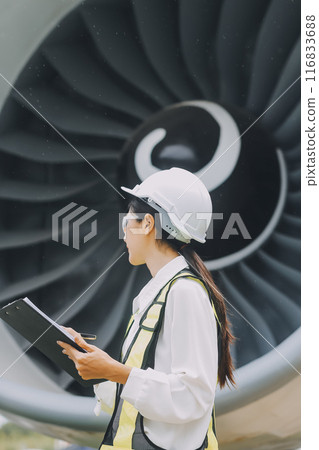 Technician fixing the engine of the airplane,Female aerospace engineering checking aircraft engines,Asian mechanic maintenance inspects plane engine 116833688