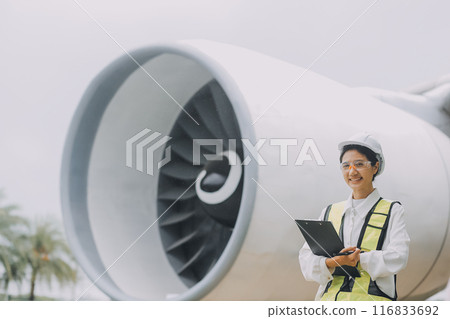 Technician fixing the engine of the airplane,Female aerospace engineering checking aircraft engines,Asian mechanic maintenance inspects plane engine 116833692