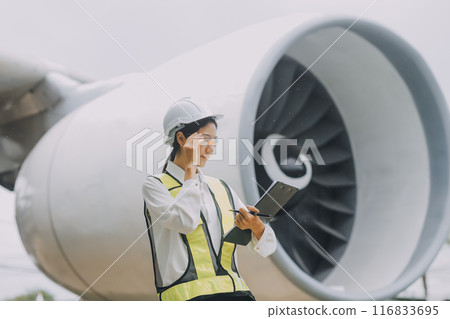 Technician fixing the engine of the airplane,Female aerospace engineering checking aircraft engines,Asian mechanic maintenance inspects plane engine Technician fixing the engine of the airplane,Female aerospace engineering checking aircraft engines,Asian mechanic maintenance inspects plane engine 116833695