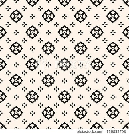 Simple floral texture, vintage geometric pattern with small flower silhouettes. Vector abstract monochrome background. Design for decor, wrapping Simple floral texture, vintage geometric pattern with small flower silhouettes. Vector abstract monochrome background. Design for decor, wrapping 116833708