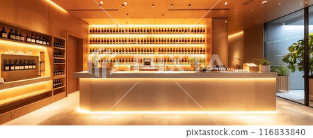 Sleek modern wine boutique with minimalist interior and illuminated shelves 116833840