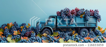 Scenic view of a vintage truck transporting freshly harvested grapes 116833859