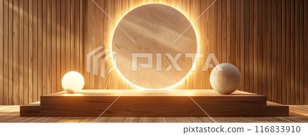 Minimalistic wooden podium with illuminated spheres and round backdrop for product display Minimalistic wooden podium with illuminated spheres and round backdrop for product display 116833910
