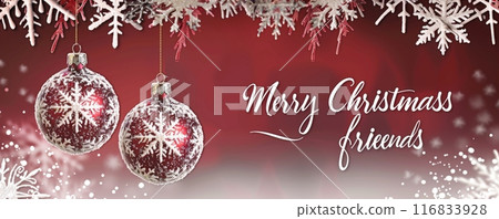 Elegant red Christmas card with white snowflakes, ornaments, and festive greeting Elegant red Christmas card with white snowflakes, ornaments, and festive greeting 116833928