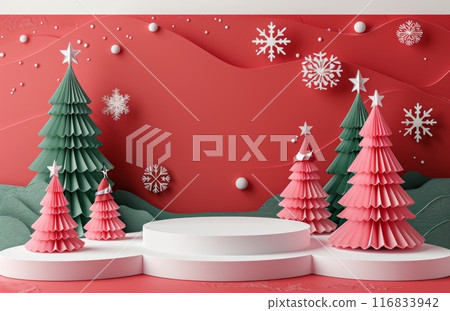 Christmas background with three-dimensional trees and snowflakes in festive red and green colors 116833942