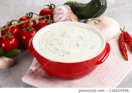 Traditional delicious appetizer; greek tzatziki (Turkish name; cacik) 116834096