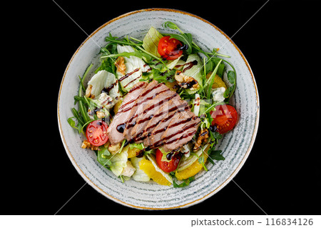 Duck Salad with Teriyaki Sauce on Black Background for Food Delivery Menu 116834126