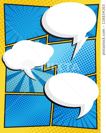 comic speech bubbles in white clouds on a vibrant pop art background Perfect for comic book designs 116834163