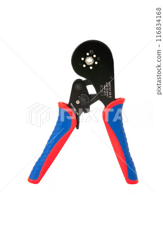 Hand crimp tool for crimping of the round electric wire terminals different sizes on a white background Hand crimp tool for crimping of the round electric wire terminals different sizes on a white background 116834168